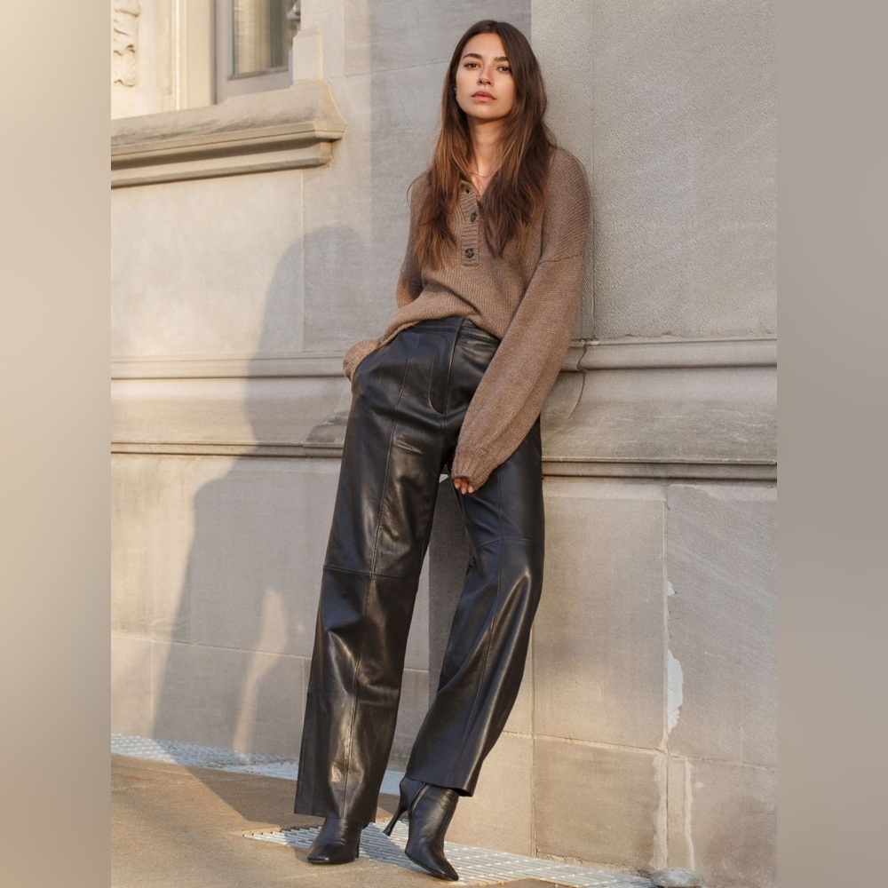 REFORMATION Veda Rivington Wide Leg Leather Trouser Black Sz 0 - Picture 3 of 10